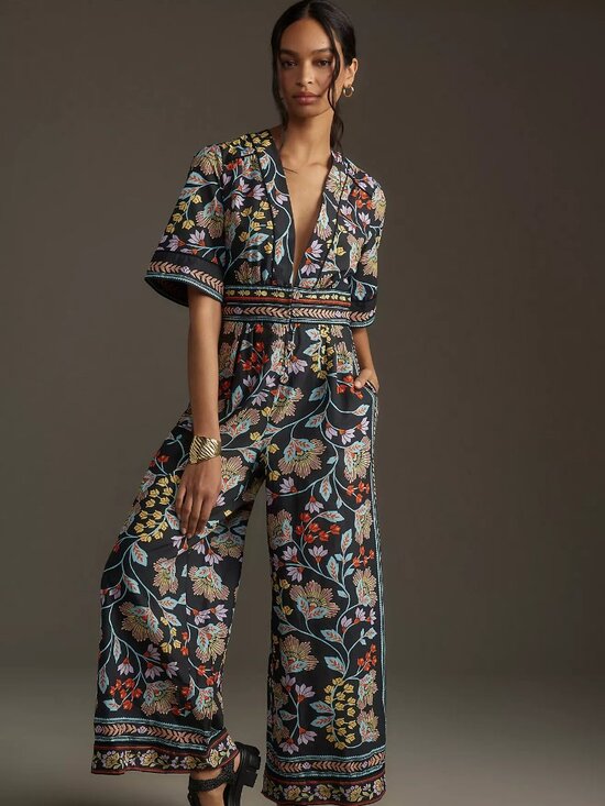 FARM Rio Pants - FARM Rio Flowery Black Cotton Jumpsuit